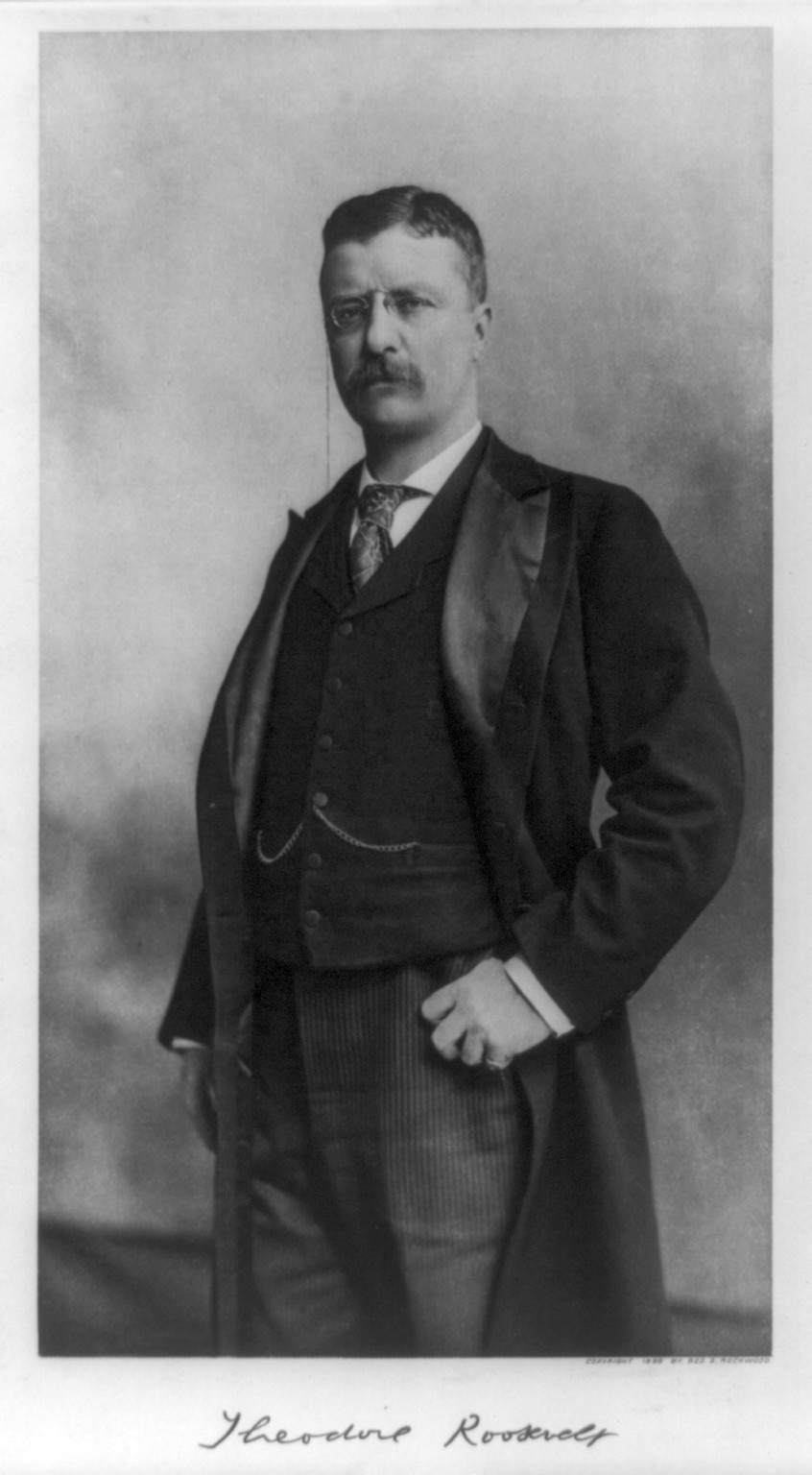 [Theodore Roosevelt, three-quarter length portrait, standing, thumb in pocket, facing left], c1898. — historic print