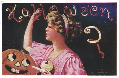 Halloween postcard of woman with jack-o'-lantern