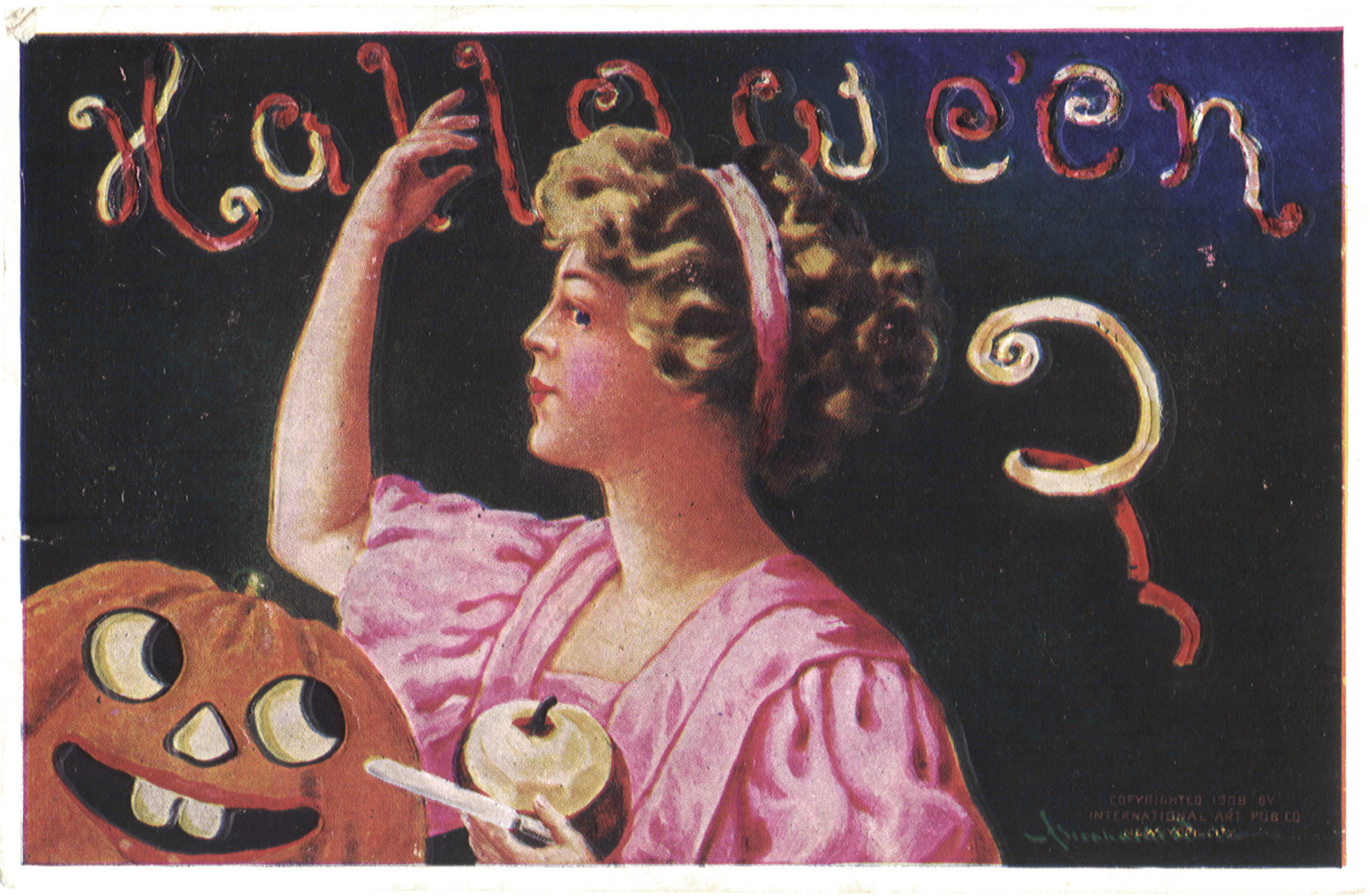 Halloween postcard of woman with jack-o'-lantern — vintage postcard