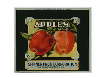 APPLES crate label, Spinner Fruit Corporation, Yakima, Washington