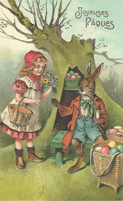 Joyeuses Pâques vintage Easter postcard with girl and rabbit