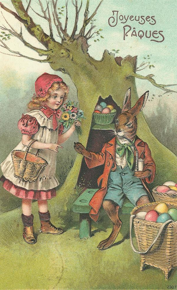 Joyeuses Pâques vintage Easter postcard with girl and rabbit — vintage postcard