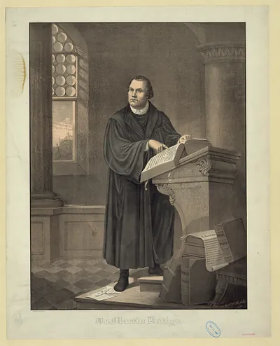 Dr. Martin Luther standing at a lectern with open Bible