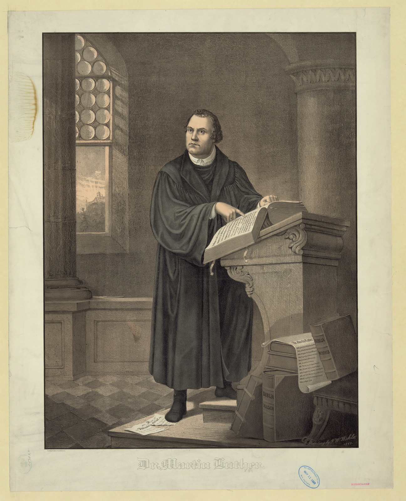 Dr. Martin Luther standing at a lectern with open Bible — historic image