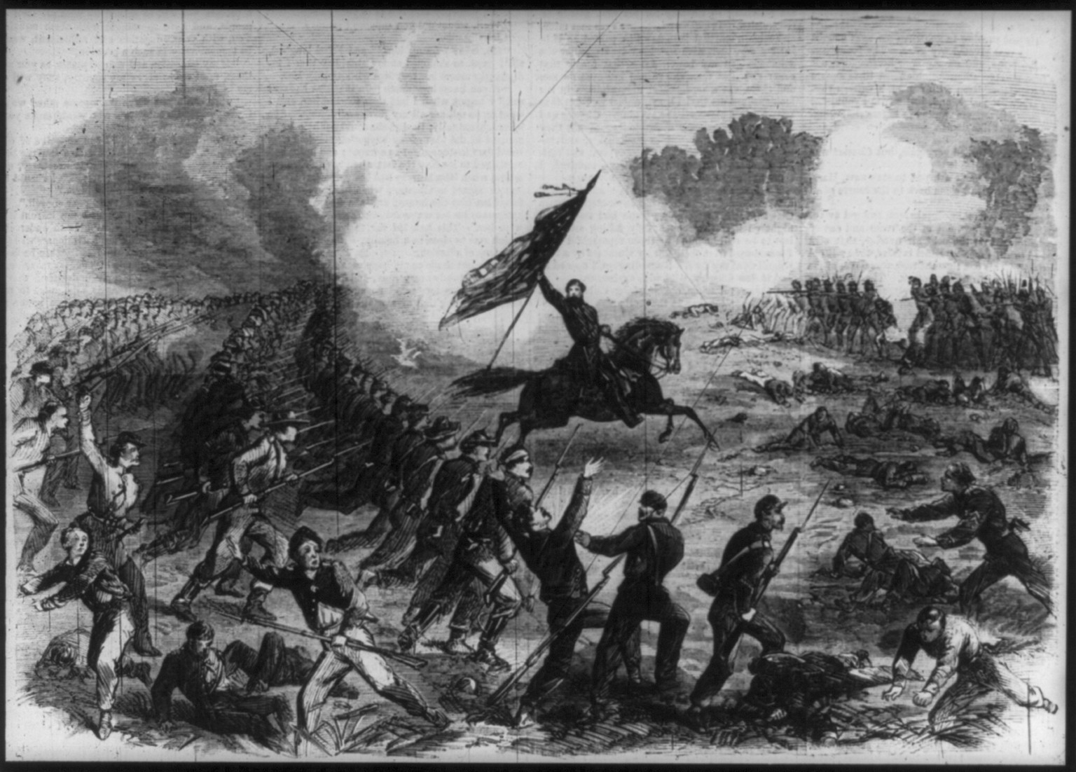 The battle of Gettysburg - General Crawford's charge on the rebel lines, 1863 — antique engraving