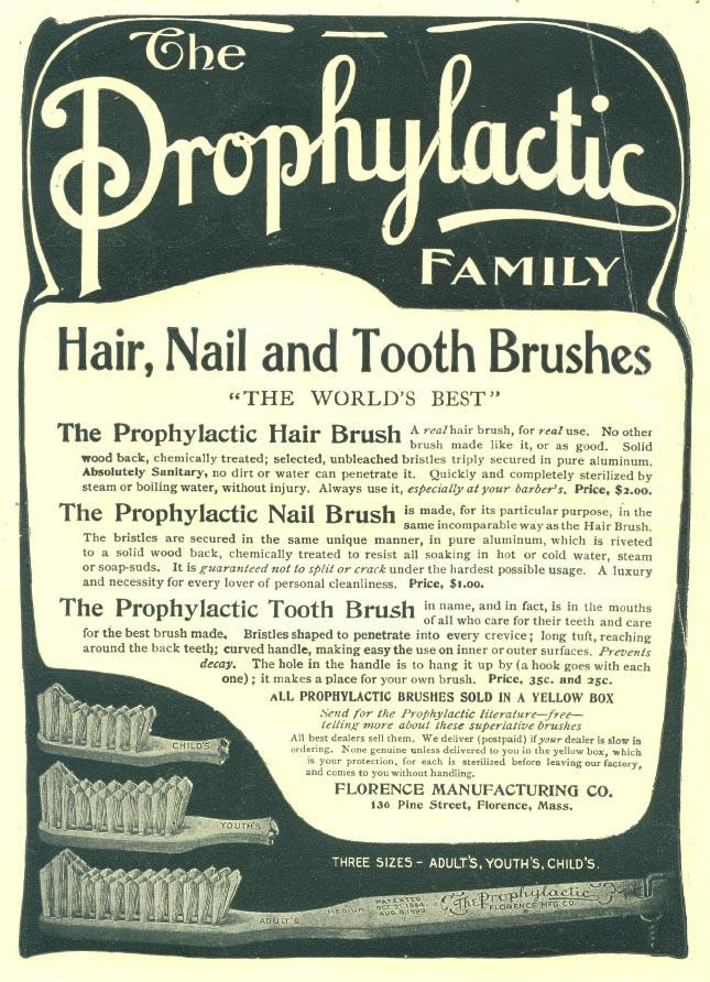 Prophylactic Family hair, nail and tooth brushes advertisement — historic image