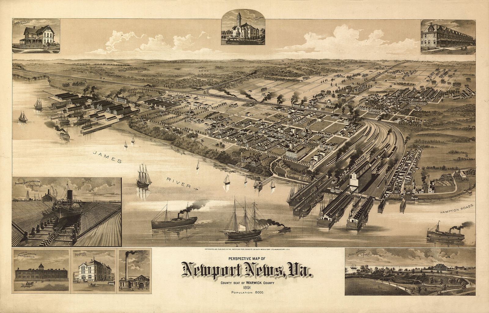 VA Newport News 1891 MAP, 1891 — antique map