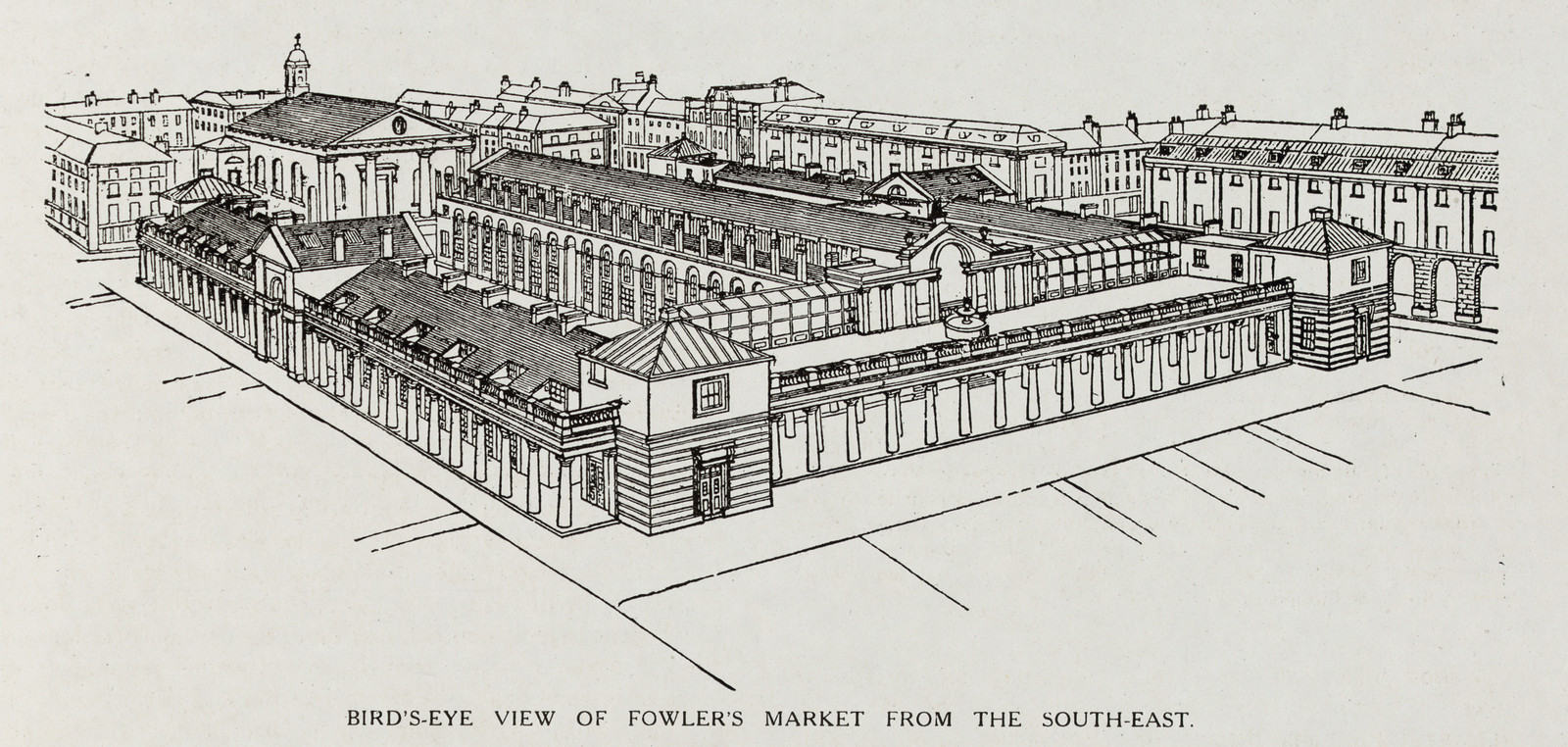 Bird's-eye view of Fowler's Market from the south-east — historic image
