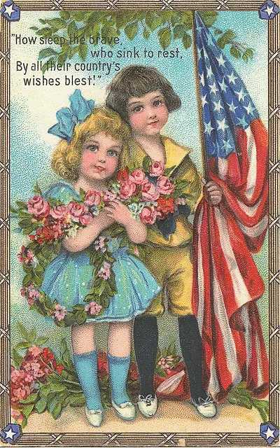 Patriotic card: children with roses and American flag