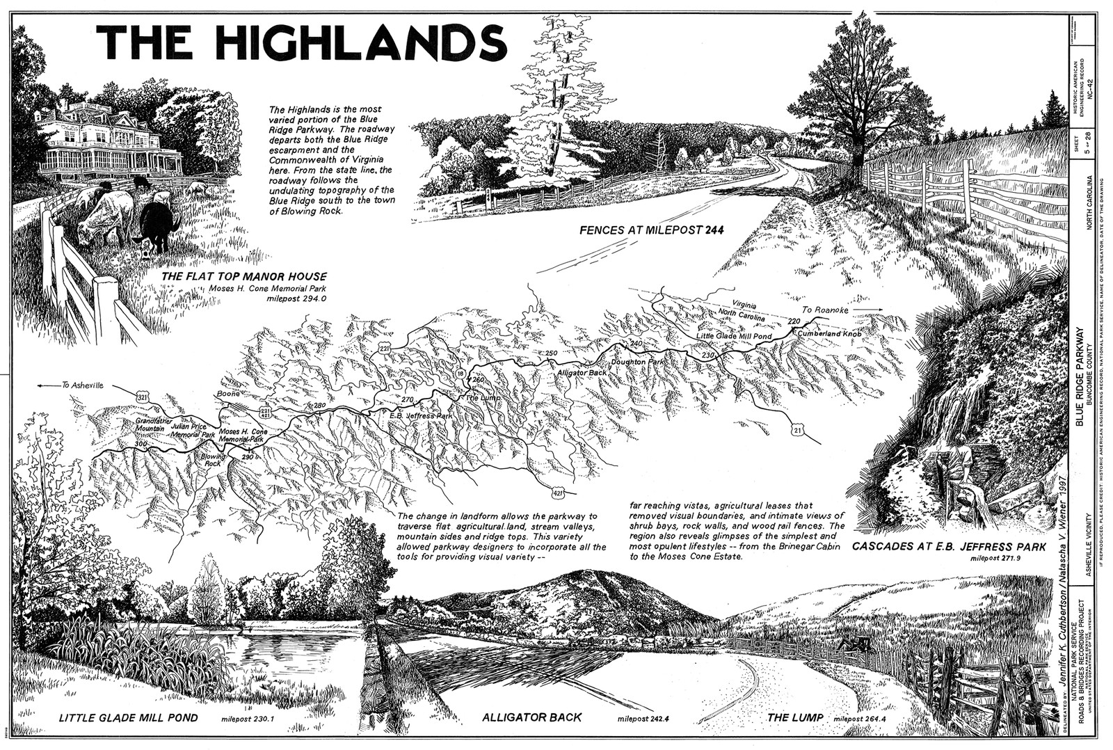 The Highlands: Blue Ridge Parkway pen-and-ink illustrated map — antique map
