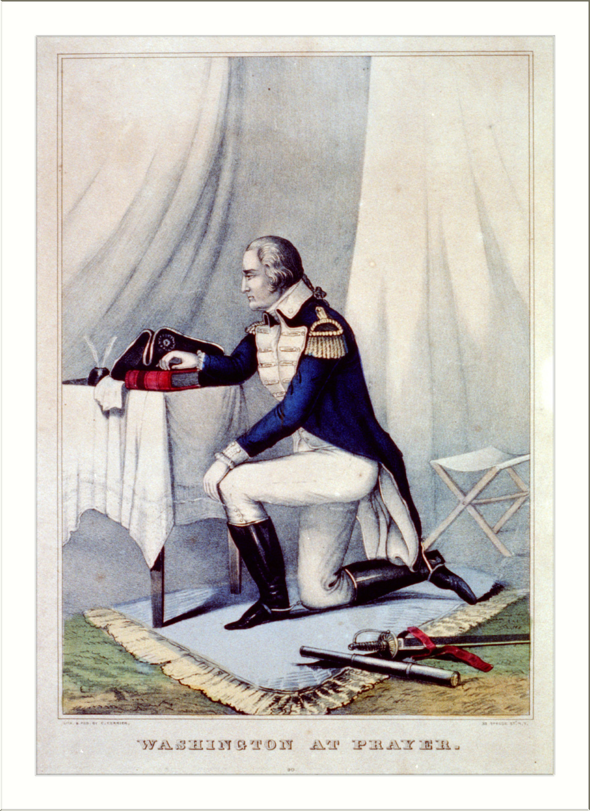 Washington at prayer, New York : Published by Currier & Ives, [between 1840-1860] — antique lithograph