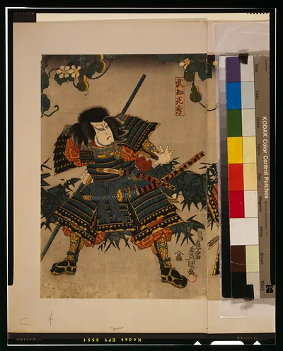 Samurai warrior in armor with bamboo, woodblock print