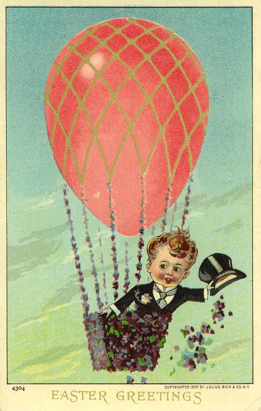 Easter Greetings postcard of a boy in a balloon — vintage postcard