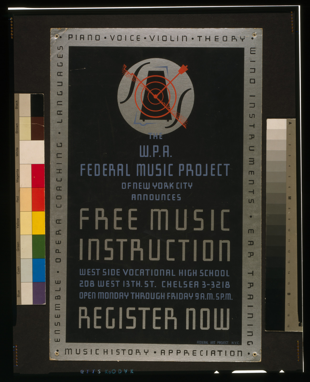 The W.P.A. Federal Music Project of New York City announces free music instruction - register now, N.Y.C. : Federal Art Project, [1938] — vintage poster