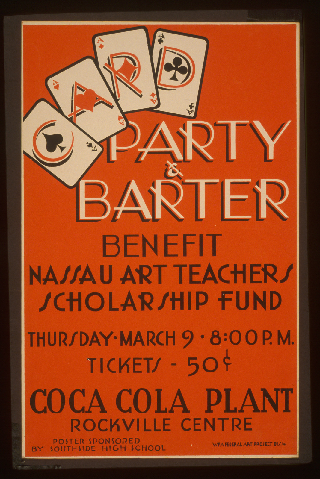 Party & barter - benefit Nassau art teachers scholarship fund Coca Cola Plant Rockvil, 1939 — vintage poster