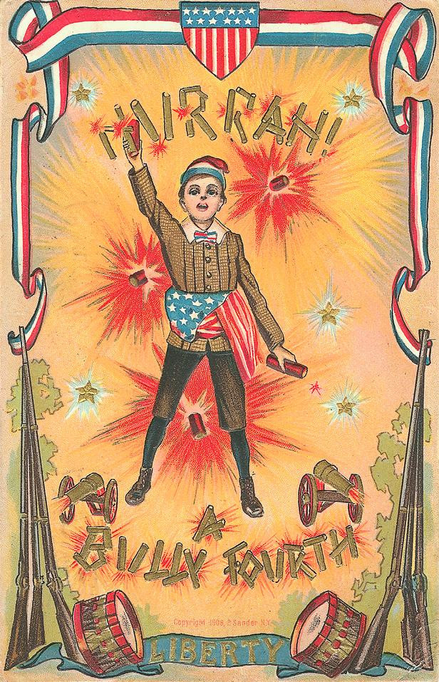 Hurrah! Fourth of July boy with fireworks and Liberty — historic image