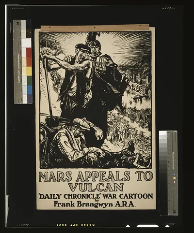 Mars appeals to Vulcan. Daily Chronicle war cartoon by Frank Brangwyn A.R.A.