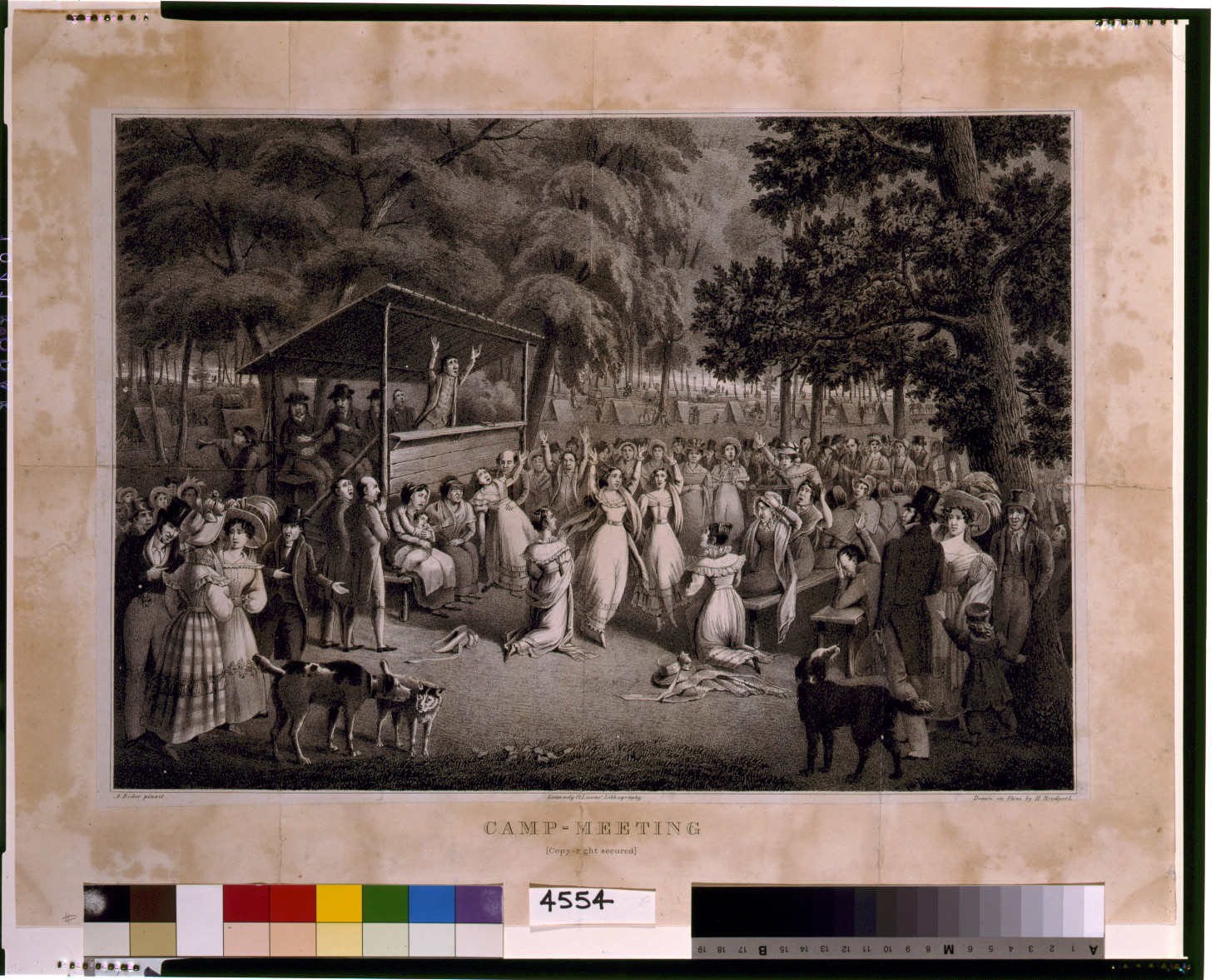 Camp-meeting / A. Rider pinxit ; drawn on stone by H. Bridport., Kennedy & Lucas Lithography, c1829. — antique lithograph