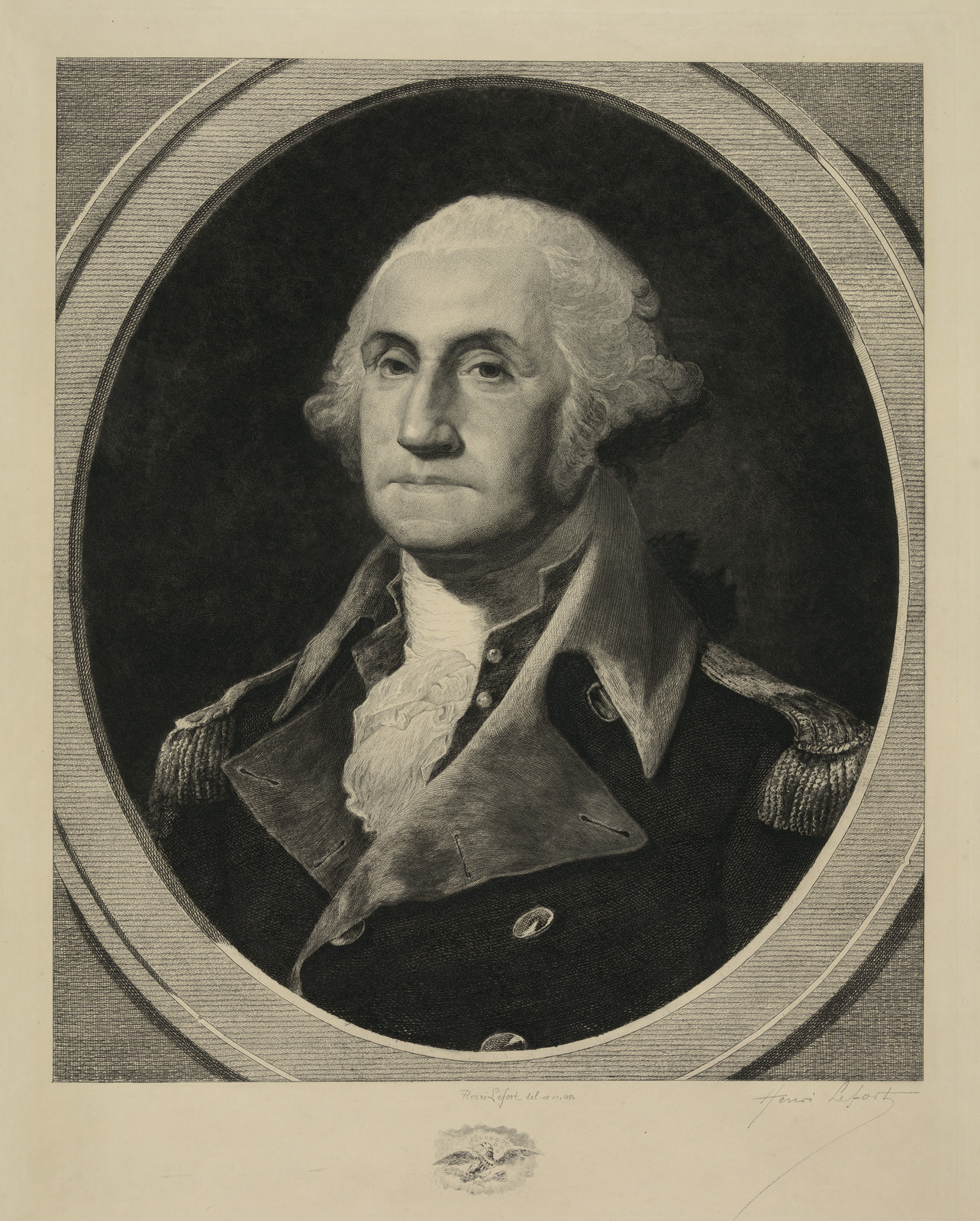George Washington oval portrait engraving in military uniform — antique engraving