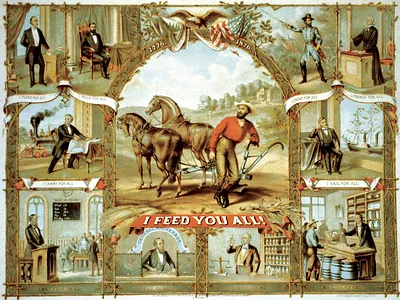 1876 Centennial lithograph: "I Feed You All" with farmer and horses