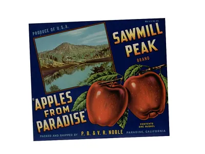 Sawmill Peak brand apples from Paradise, California crate label