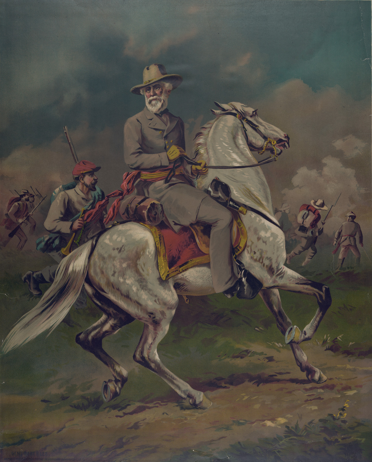 Mounted Confederate officer on a gray horse, with soldiers in smoke — historic image