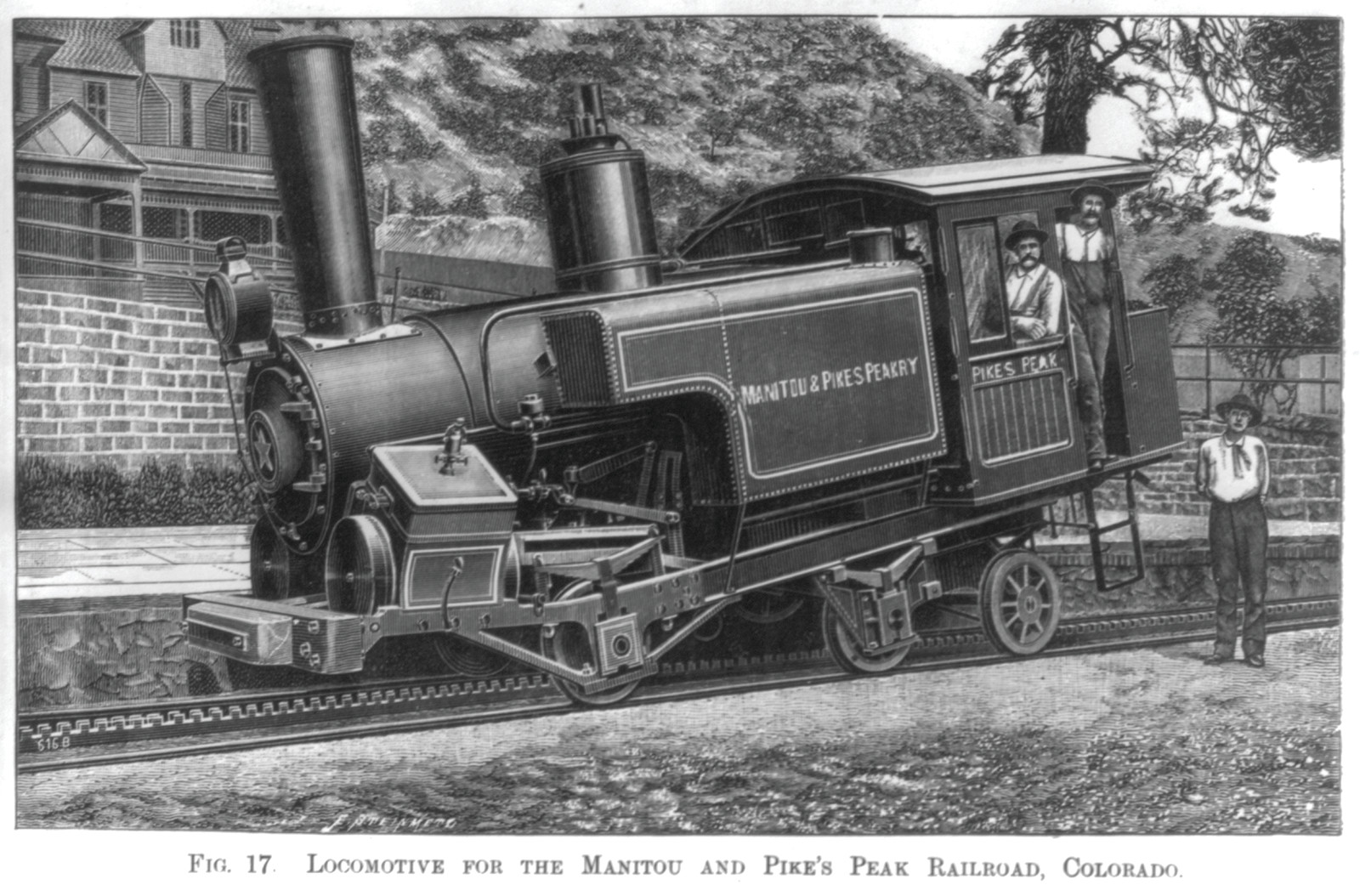Locomotive for the Manitou and Pike's Peak Railroad, Colorado, [no date recorded on caption card] — antique engraving