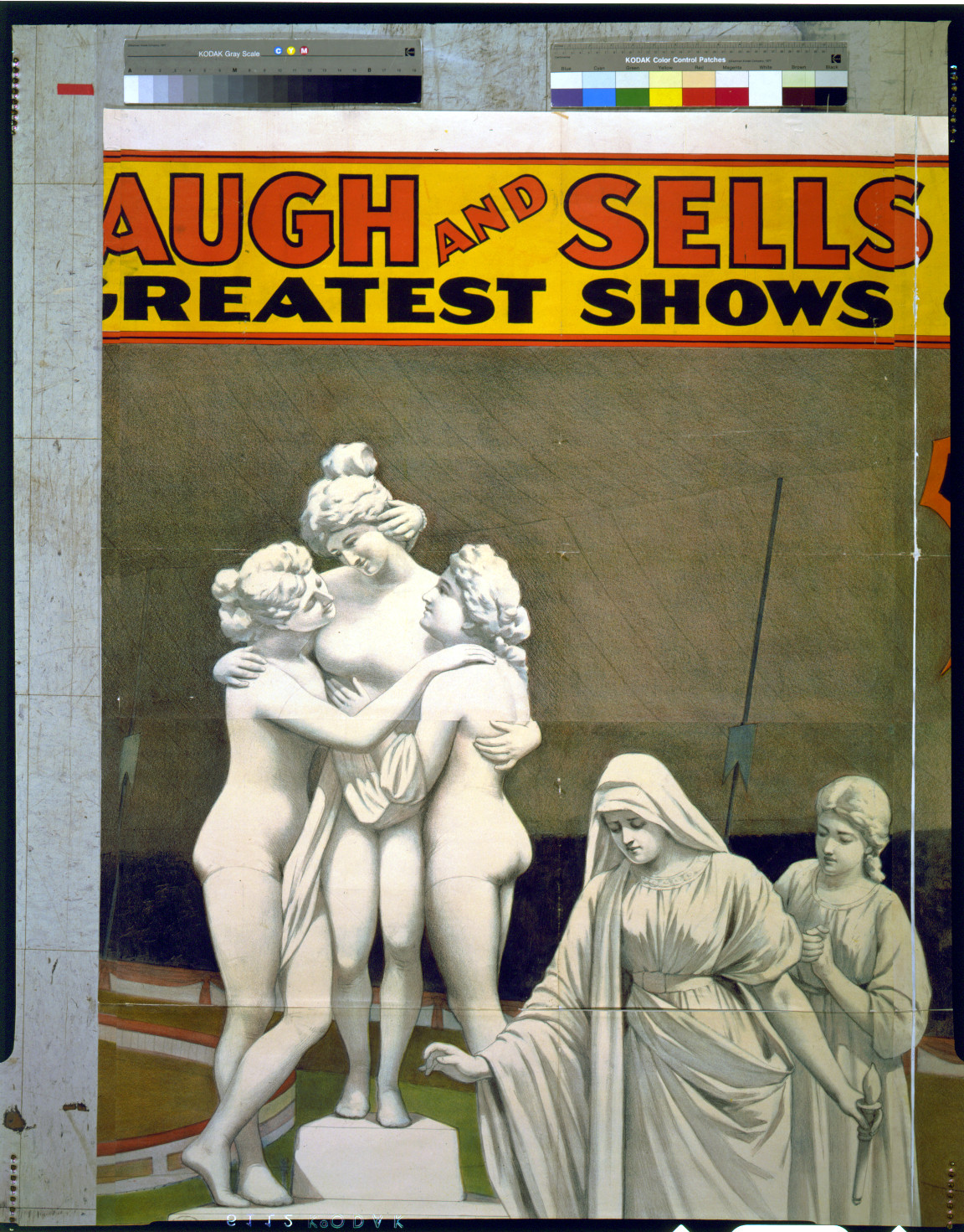 Circus poster reading "Greatest Shows" with a classical statue group — vintage poster