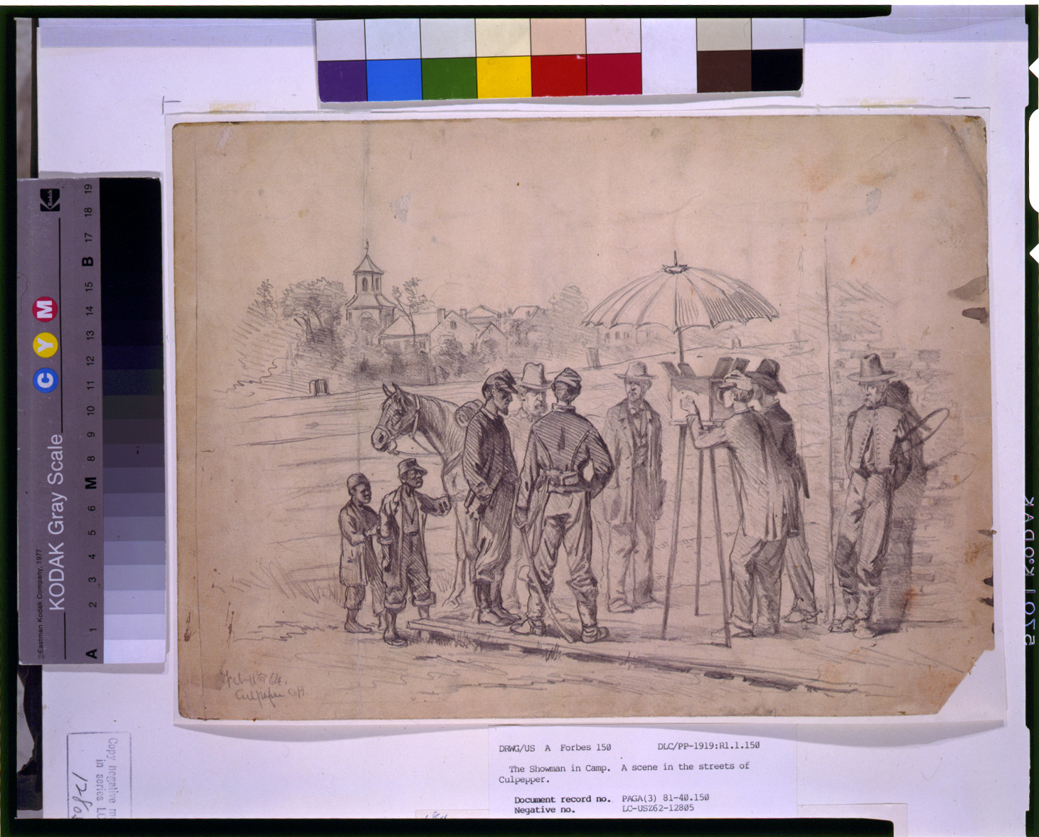 The showman in camp--A scene in the streets of Culpepper [sic] / E.F., [18]64 Feb. 11. — historic photograph