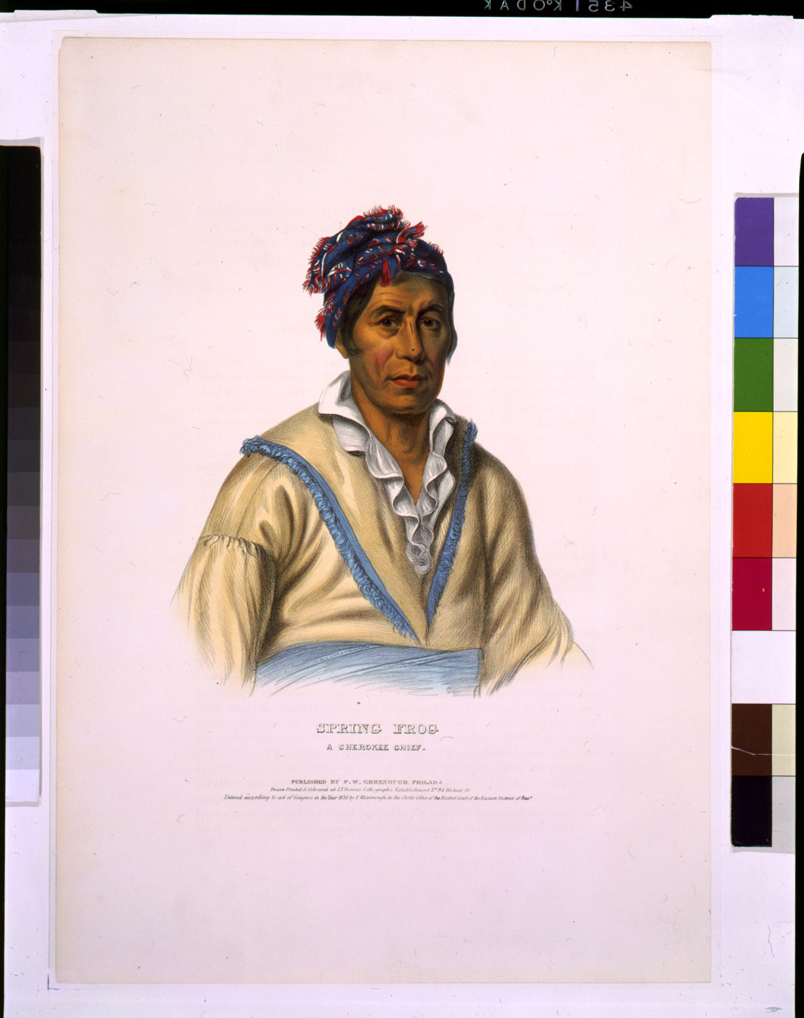 Spring Frog, a Cherokee chief / drawn, printed & coloured at I.T. Bowens Lithographic Establishment., Philada. : published by F.W. Greenough, c1836. — antique lithograph