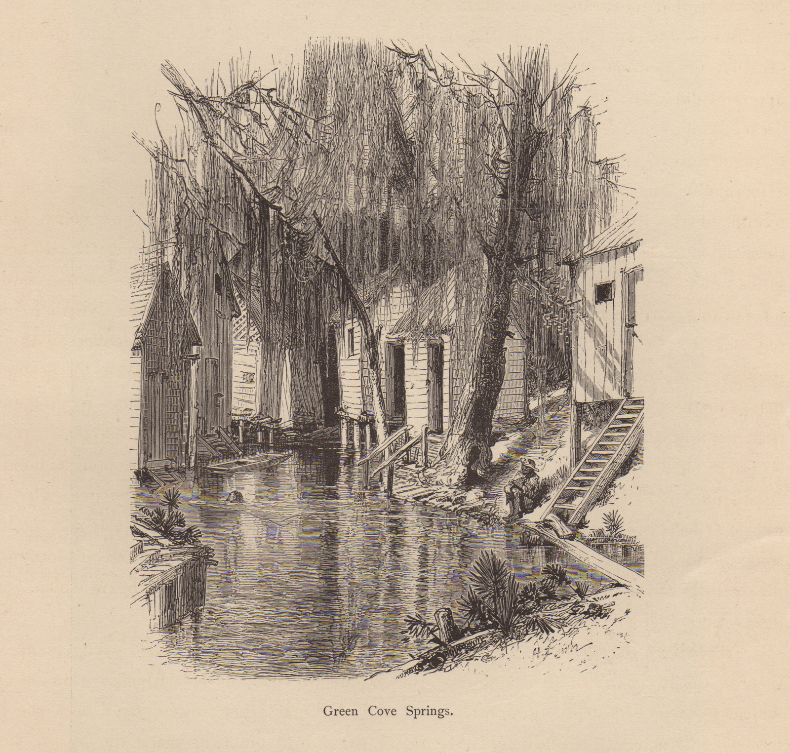 Wooden houses over a waterway beneath draping trees — historic image