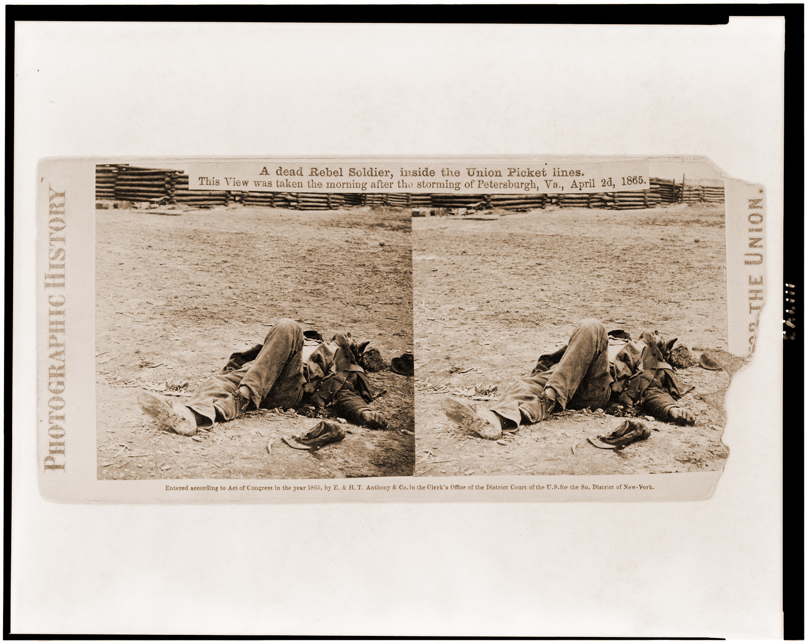 A dead Rebel soldier inside the Union picket lines. This view was taken the morning, 1865 — historic photograph