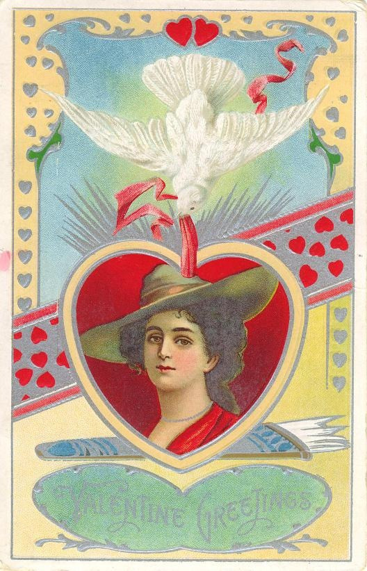Valentine Greetings card with dove and woman — historic image