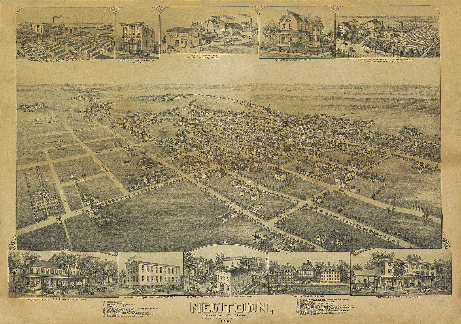 Newtown, Bucks County, Pennsylvania, 1893 bird's-eye view map, 1893 — antique map
