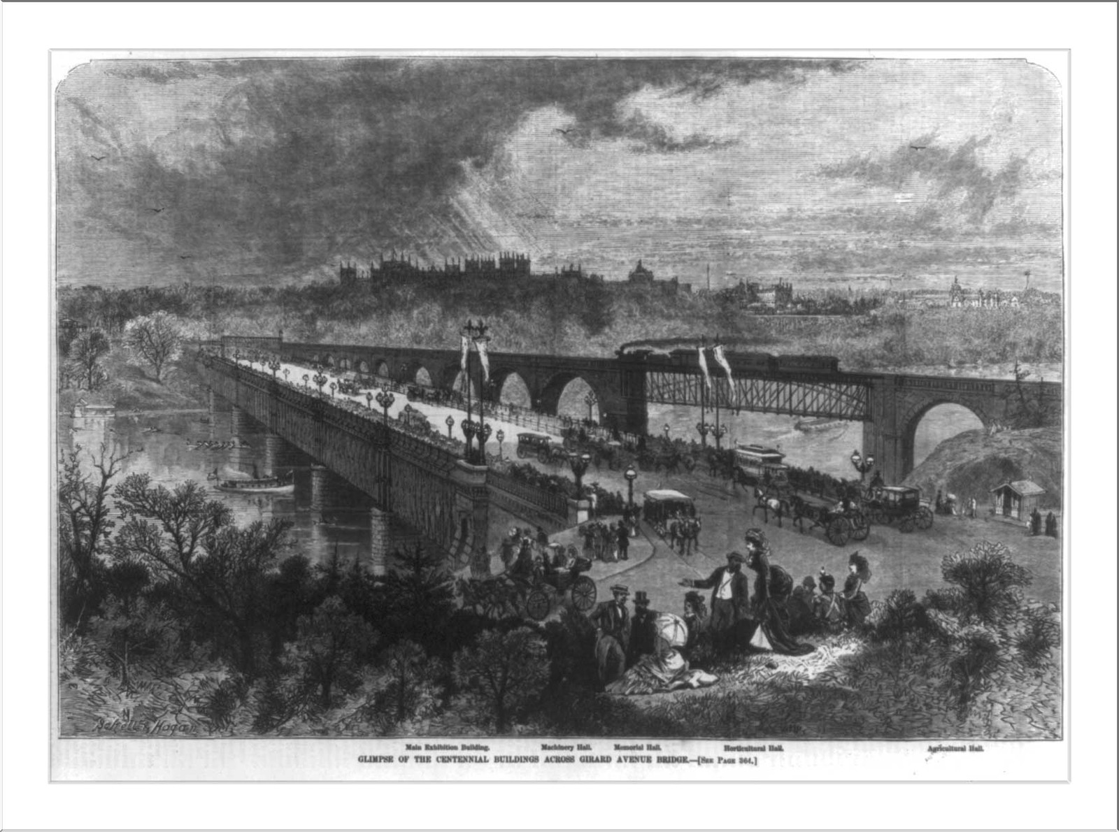 Glimpse of the Centennial buildings across Girard Avenue Bridge [Philadelphia], 1876 — antique engraving