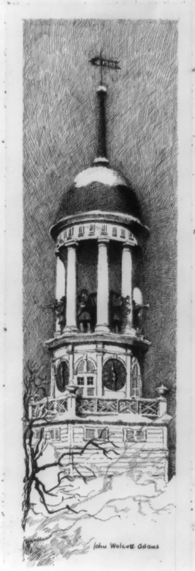 The trombone players climb the steep belfry stair to blow stately chorals-- / John Wolcott Adams.