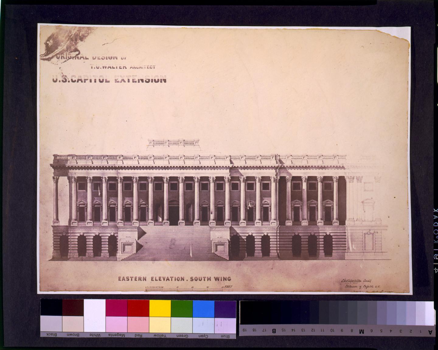 [United States Capitol (Washington, D.C.). Extension. Eastern elevation. South Wing] / Tho. U. Walter, archt., extension, of Capitol, U.S., Washington, D.C., Sept. 1851., and Engineering (ADE) Drawings" (http://www.loc.gov/rr/print/res/103_ade.html)." — historic image