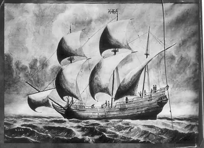 [The MAYFLOWER; broadside - full sail]