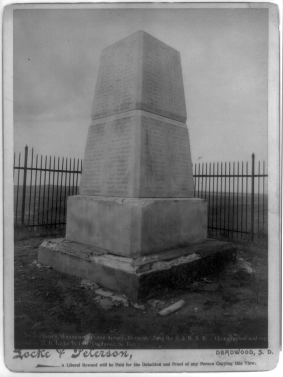 Custer's monument on Crow Agency, Montana, along B. & M. R.R., c1894. — historic photograph