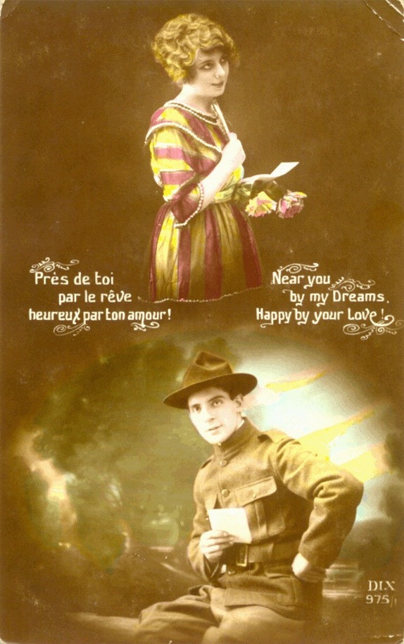 Tinted romantic postcard of woman and soldier, French greeting — vintage postcard