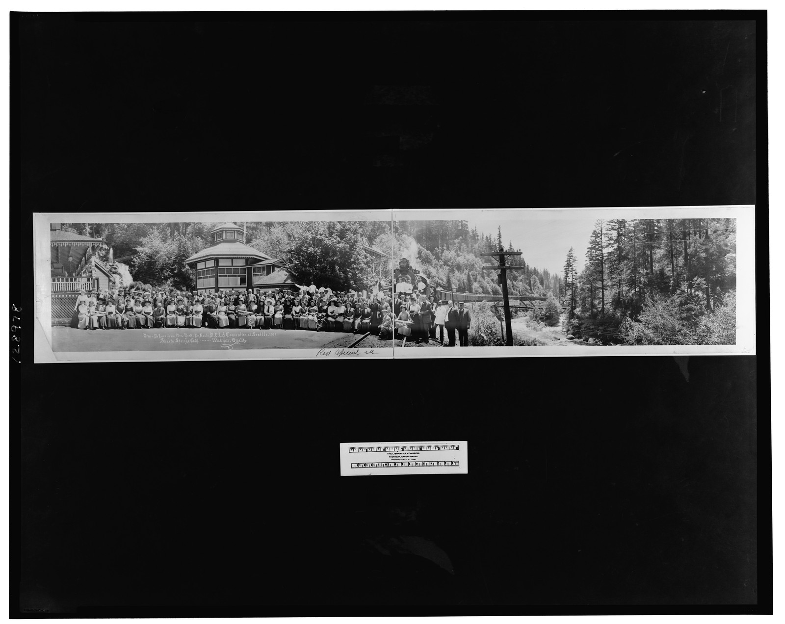 Train De Luxe from New York, en route N.E.L.A. convention at Seattle, 1912, Shasta Springs, Calif., Wagner, Quality, c1912. — historic photograph