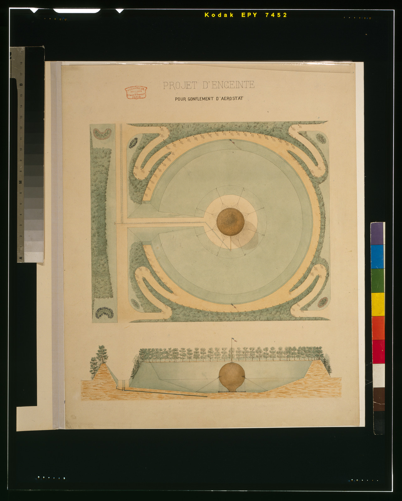 Projet d'enceinte pour gonflement d'aerostat / J. Chavoutier, architecte, r. Louis LeGrand 37, Paris., [1868?] — historic drawing