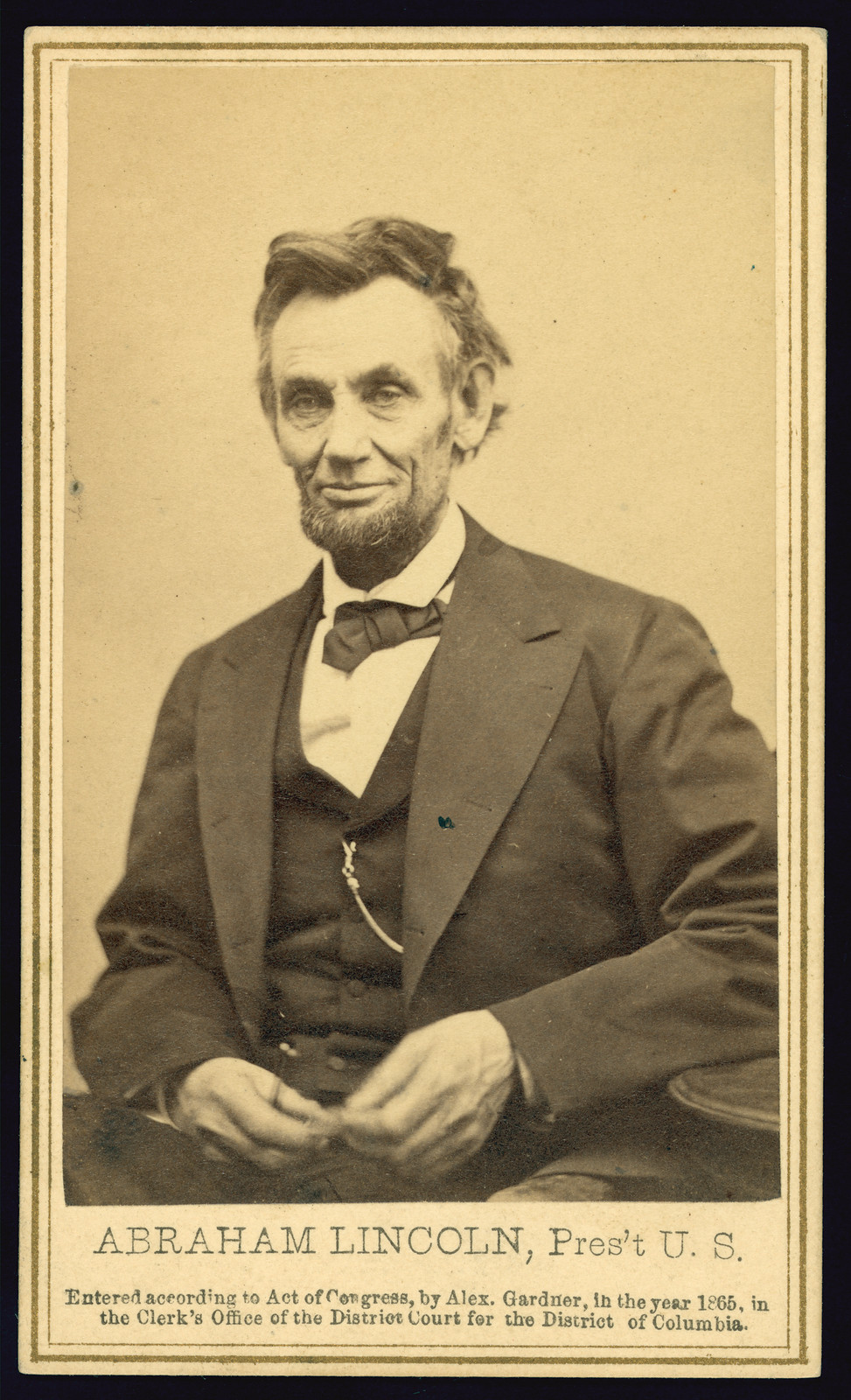 Abraham Lincoln, Pres't U.S. Alexander Gardner, photographer to the Army of the Potomac, Washington, D.C. Phillip & Solomons, February 5, 1865 — historic photograph