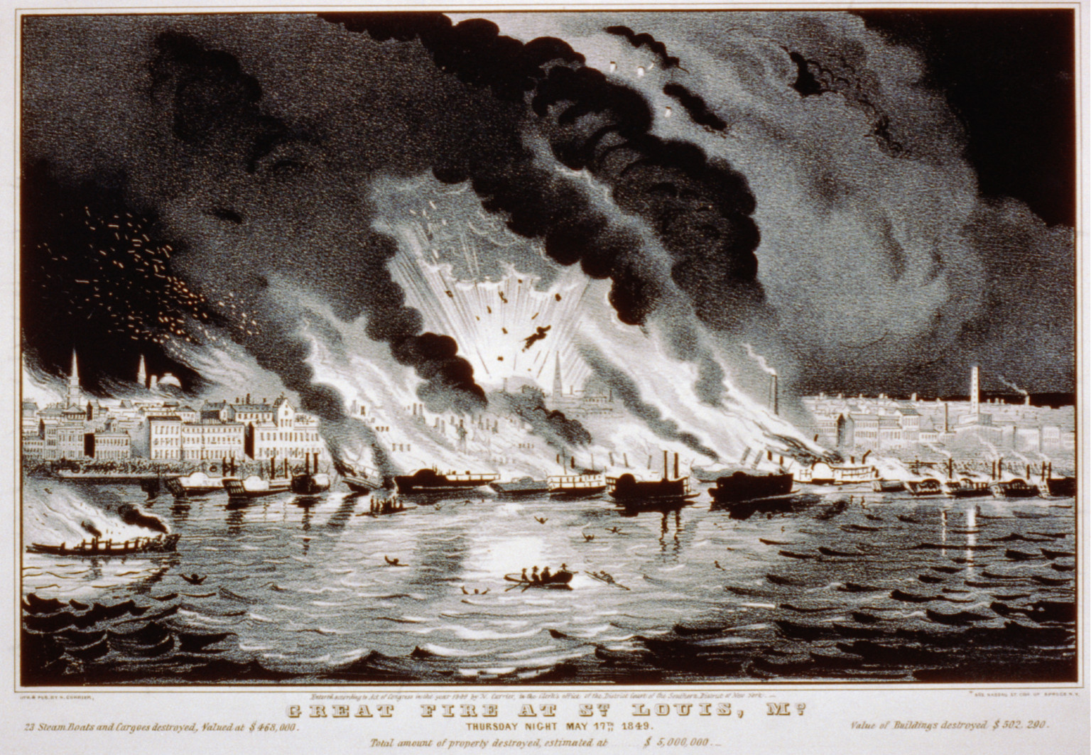 Great fire at St. Louis, Mo.: thursday night May 17th, New York : Published by N. Currier, c1849. — antique lithograph