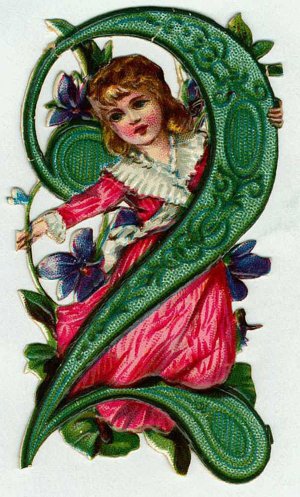 Embossed Victorian scrap of girl with violets — historic image