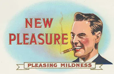 Cigar label reading 'New Pleasure' with smiling man