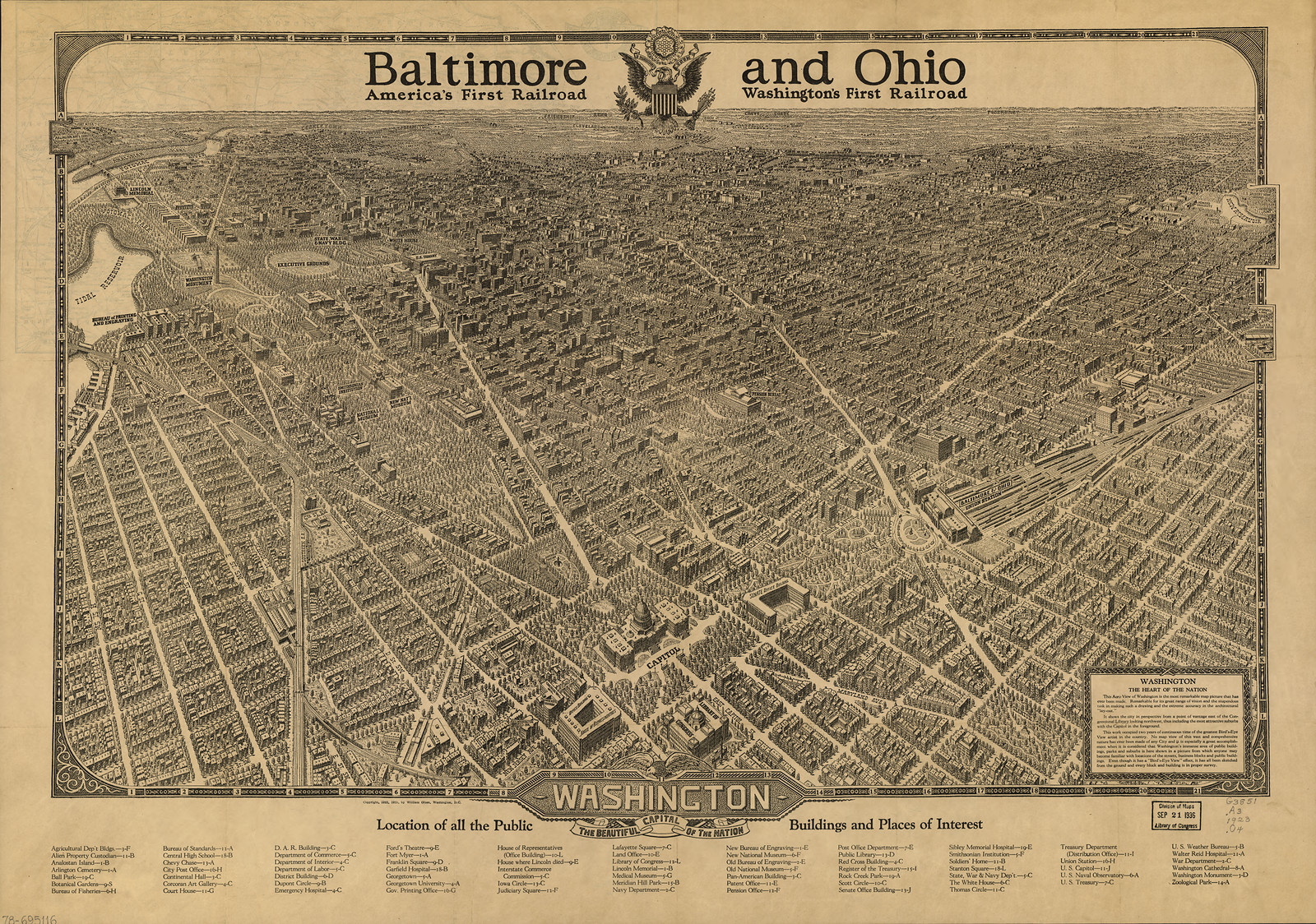 Baltimore and Ohio Railroad bird's-eye map of Washington, D.C. — antique map