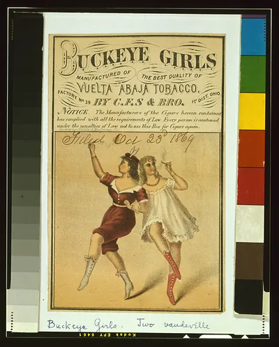 Buckeye Girls cigar box label with two dancing women
