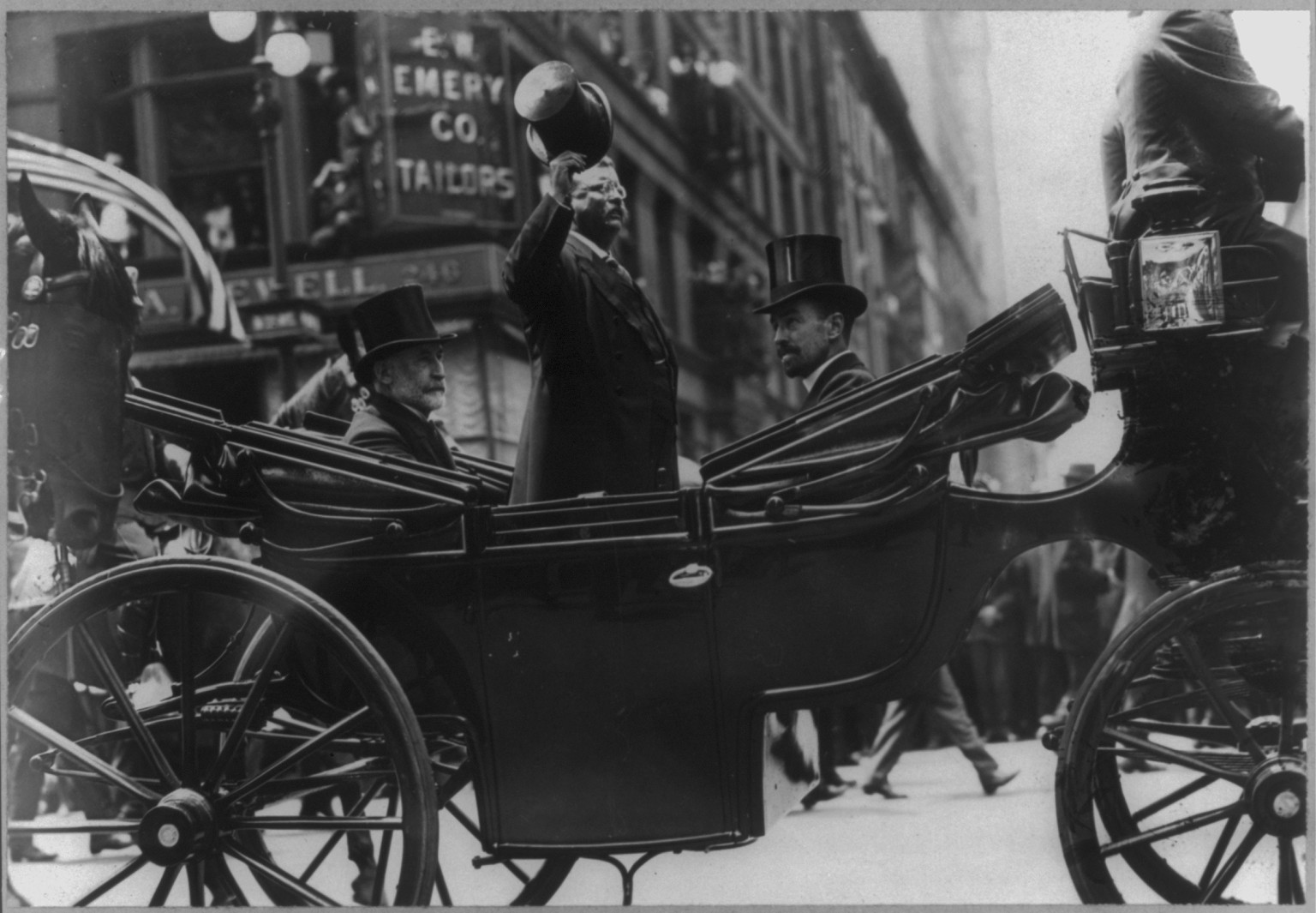 Mayor [Wm. Jay] Gaynor, Col. Roosevelt and Cornelius Vanderbilt on 5th Ave., c1910 June 23. — historic photograph