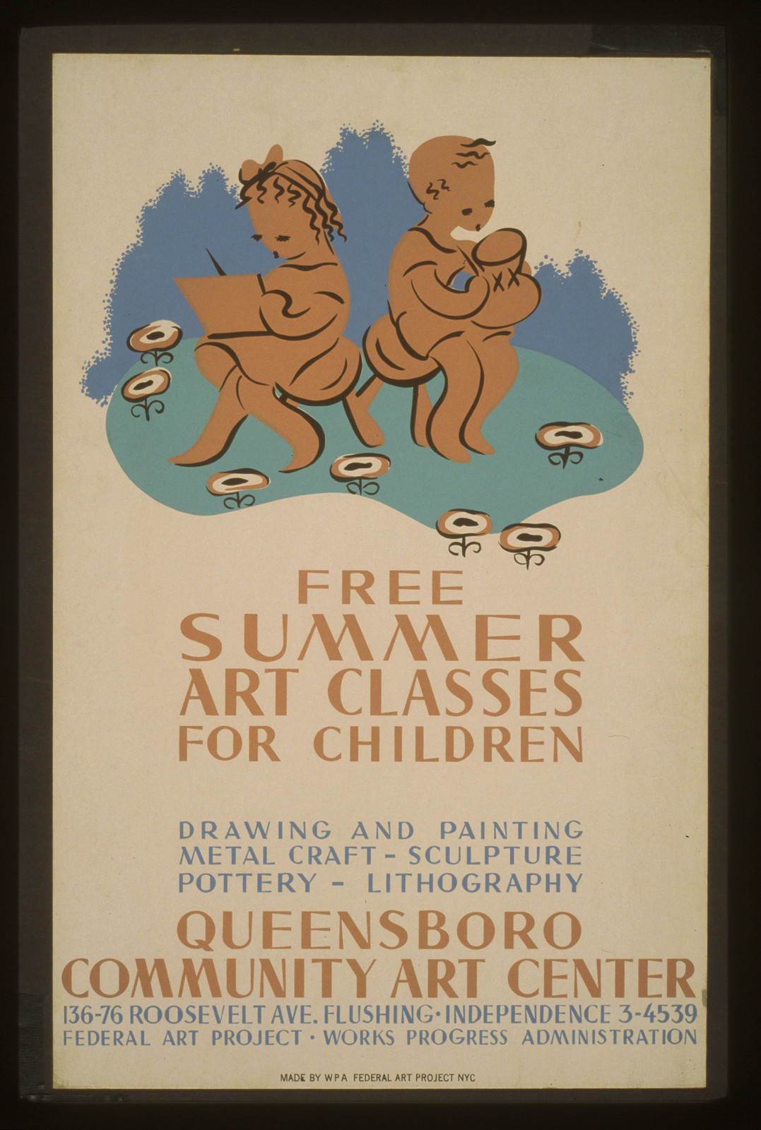 Free summer art classes for children Drawing and painting metal craft - sculpture pot, 1936 — vintage poster